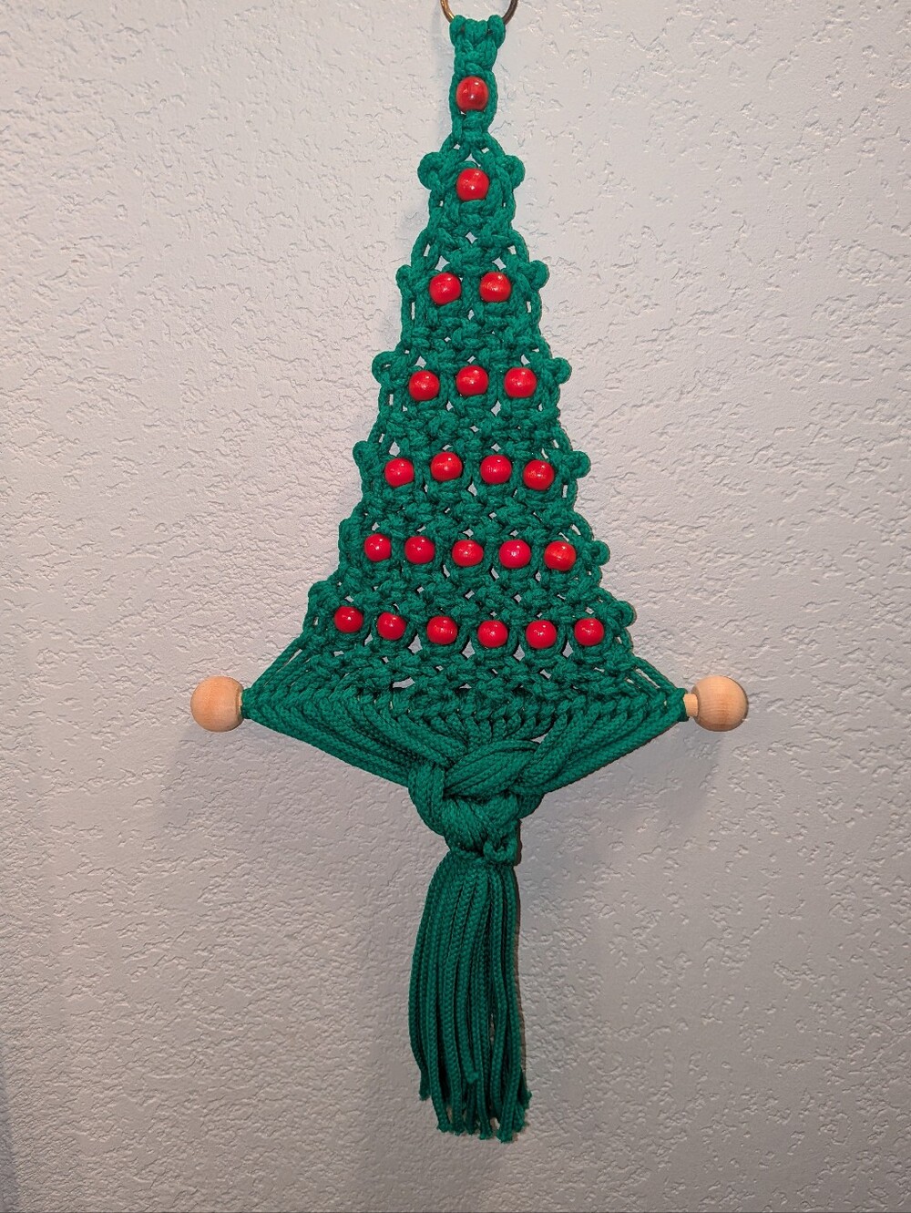 Vintage Macrame Christmas Tree Wall Hanging Red Beads Wooden Accents